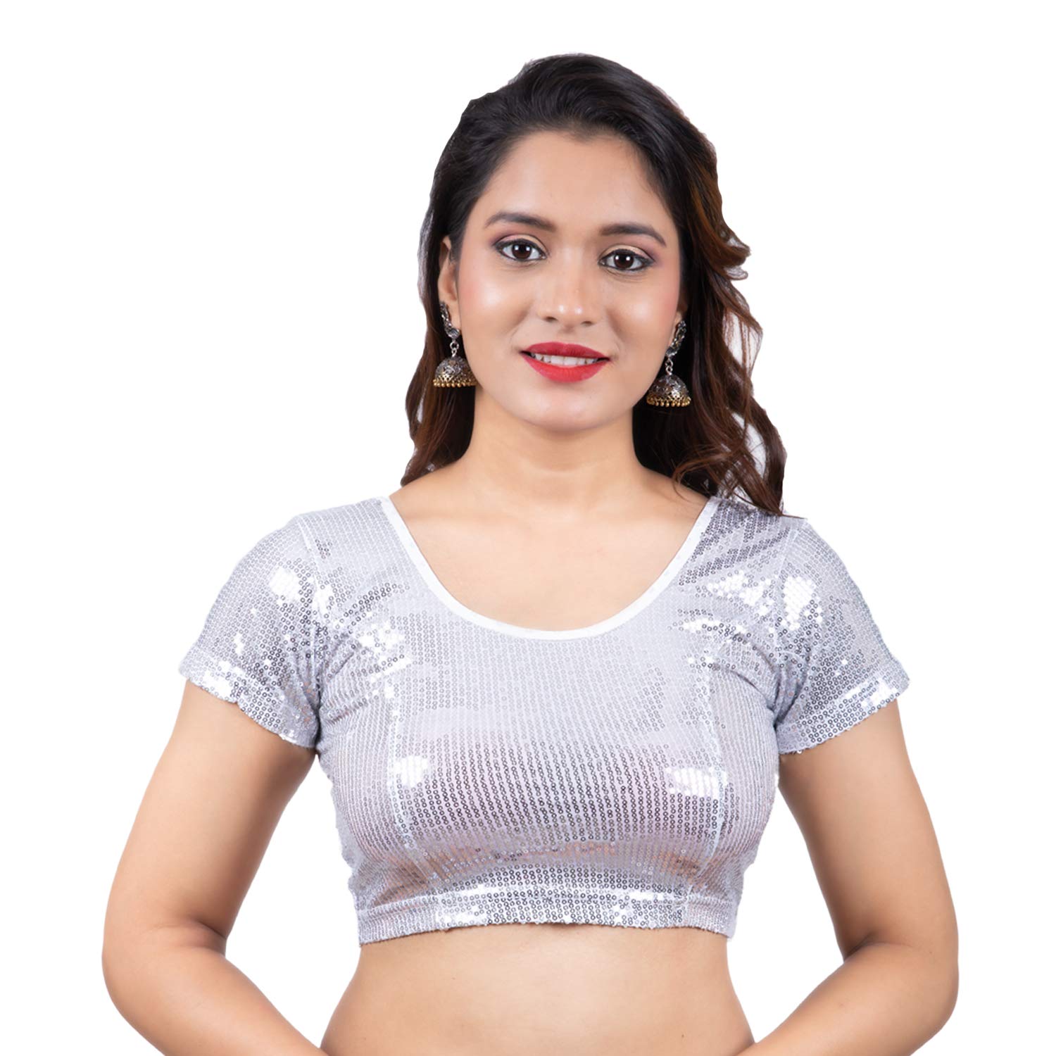 Gada Sisters Women's Silver Designer Saree Blouse Readymade - Stretchable Sequin Top Blouse For Saree Indian, Xxl
