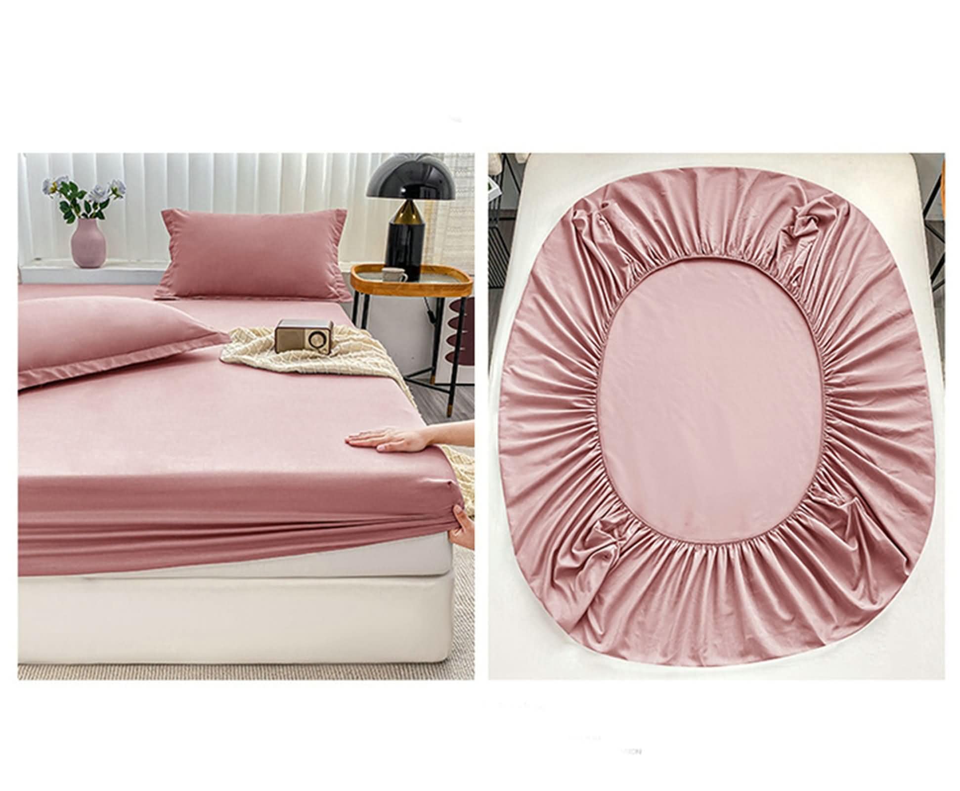 Pack de 3 Piezas Sabana Bajera Elastica de Poliéster, Color Sólido, 200 x 220 x 20 CM + 2 Fundas de Almohada, Bajera Cama Matrimonio Rosa