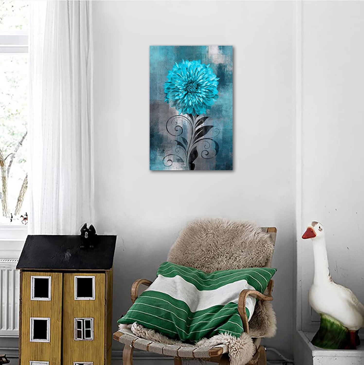 Abstract Flower Wall Art Teal Flowers Canvas Pictures Rustic Blossom Canvas Painting for Living Room Bedroom Wall Decor Modern Teal Grey Canvas Prints Contemporary Botanical Wall Art 16" x 24"