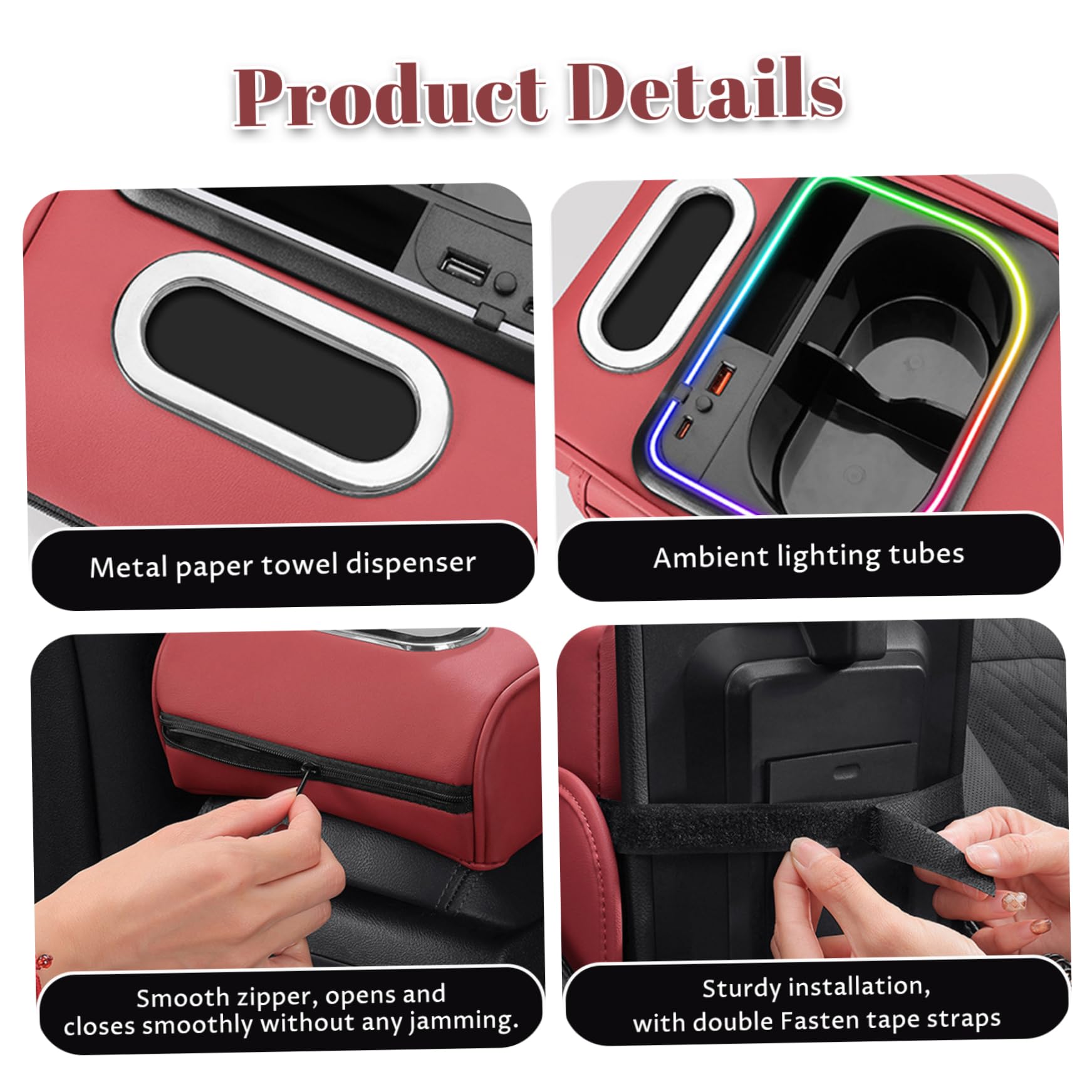 Cojín para reposabrazos de coche, funda de cuero para consola central con bolsas de almacenamiento, ranura para teléfono, puerto de carga, soporte para pañuelos y portavasos para SUV, autocaravana