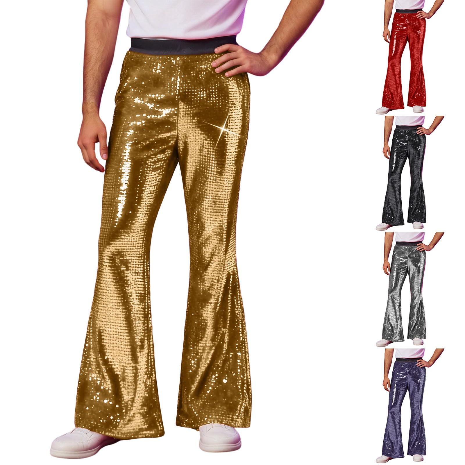 Genérico Pantalón de Jazz Pantalón de Baile Festivos Ropa de Club Nocturno Pantalones con Lentejuelas Pantalones Acampanados de Hombre Años 70 Atuendo Brillante Hippie Disco