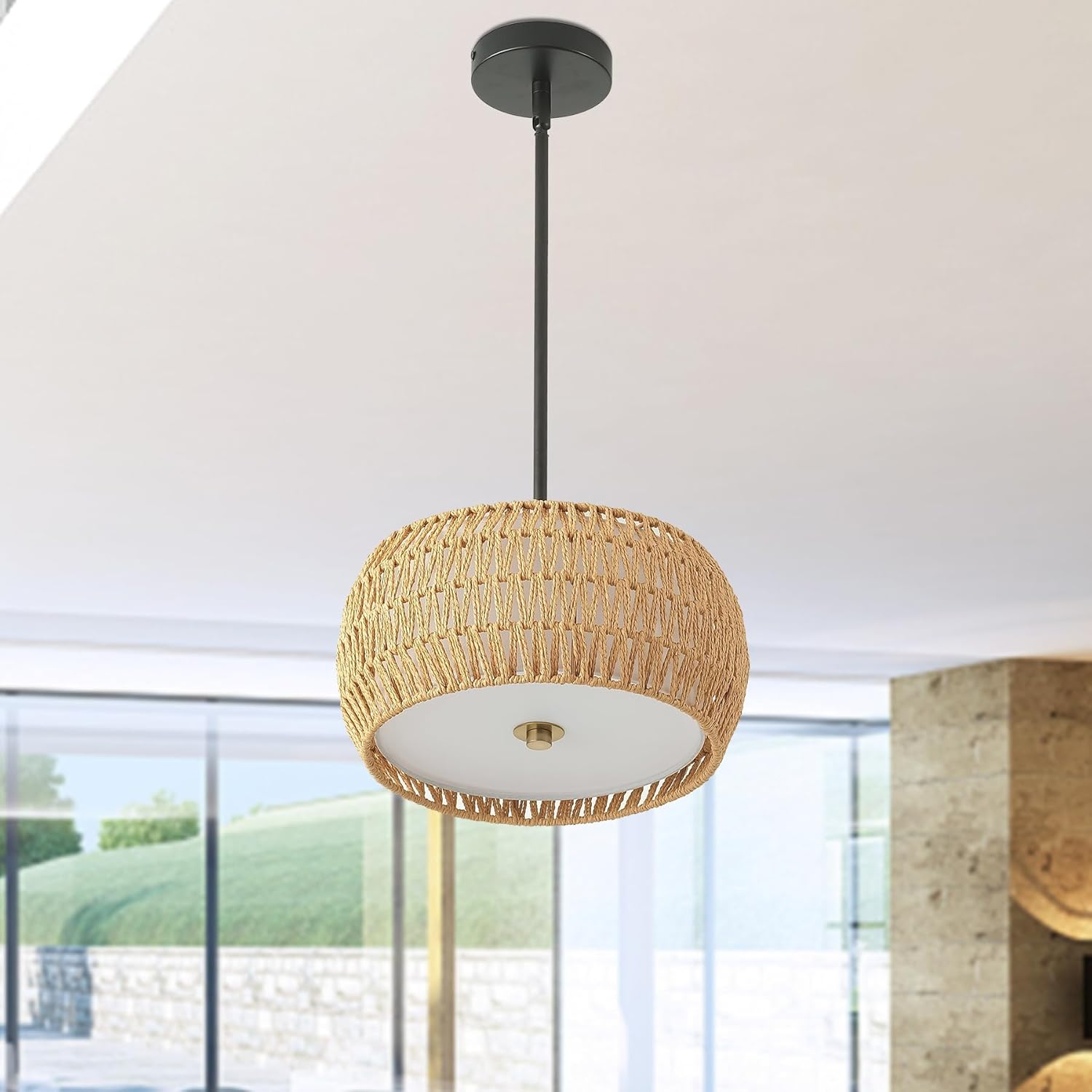 Rattan Pendant Light Kitchen Island,12.8 Hand-woven Modern Semi Flush Mount Ceiling Light Fixture,Boho Woven Lamp Shade Chandelier,Adjustable Farmhouse Hanging Light for Bedroom Bar Hallway
