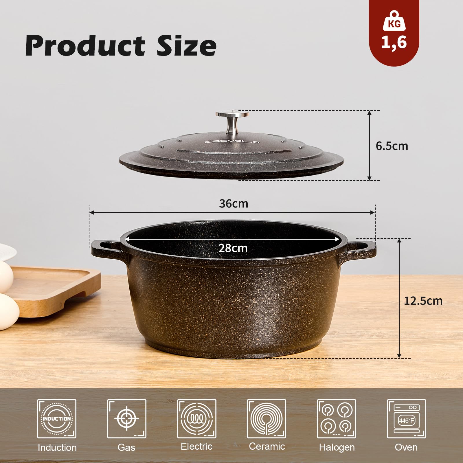 Casseruola in ghisa a induzione 28 cm, pentola rotonda 6,3 l, in ghisa di alluminio, con rivestimento antiaderente, pentola con coperchio, ideale per zuppa, stufati, pane, forno e gas, nero