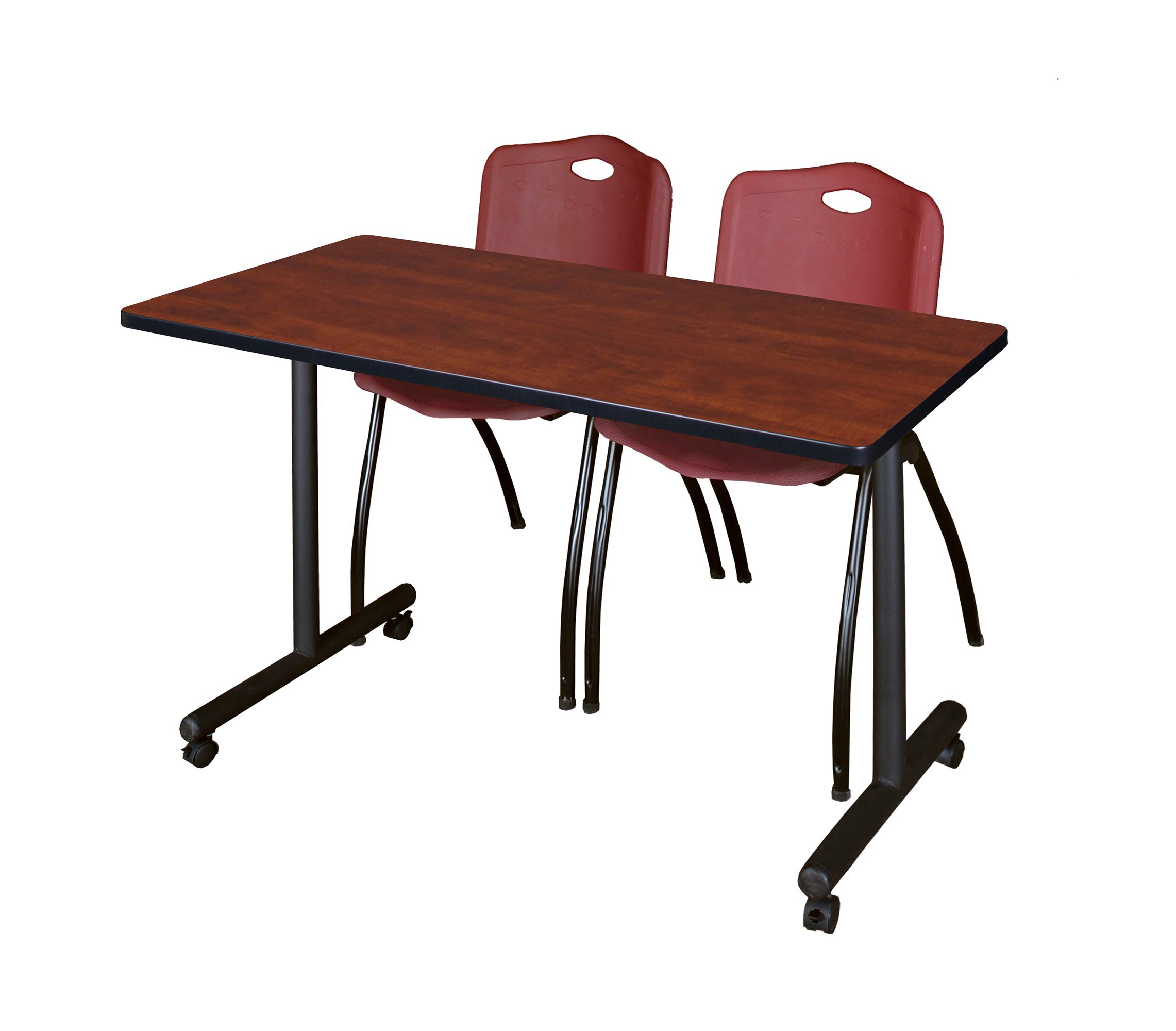 Romig Axis-Pro 48 x 24 in. Mobile T-Base Training Table- Cherry, 2 M Stack Chairs- Burgundy