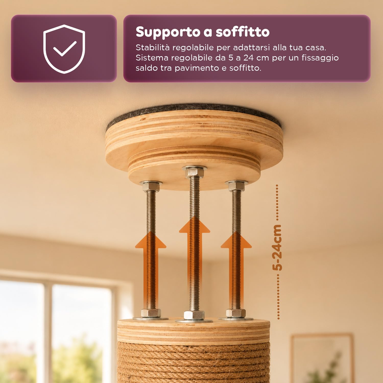 Avilia - Arbre à chat au plafond réglable 260-300 cm – Tour verticale gain de place pour chats avec hamac en dôme et niche – Arbre à chat en bois et jute naturelle – Design colonne