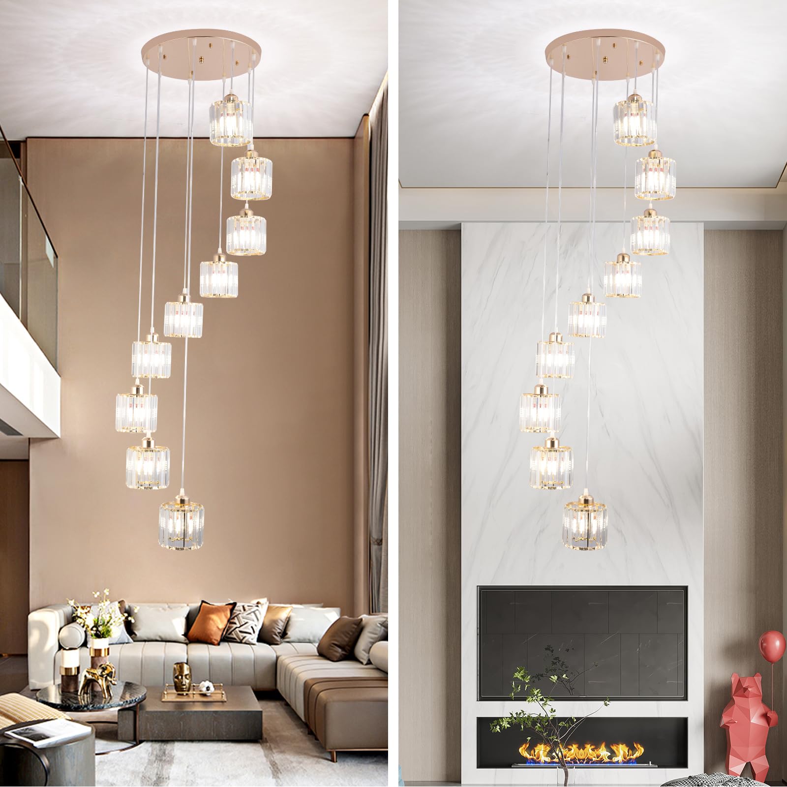 Hohe Decken Lange Kronleuchter Moderne Kristall-Pendelleuchte Raindrop Drop Lampe Hängende Kronleuchter Deckeneinbauleuchten für Treppenhaus, Foyer, Eingangsbereich Gold 9 Leuchten