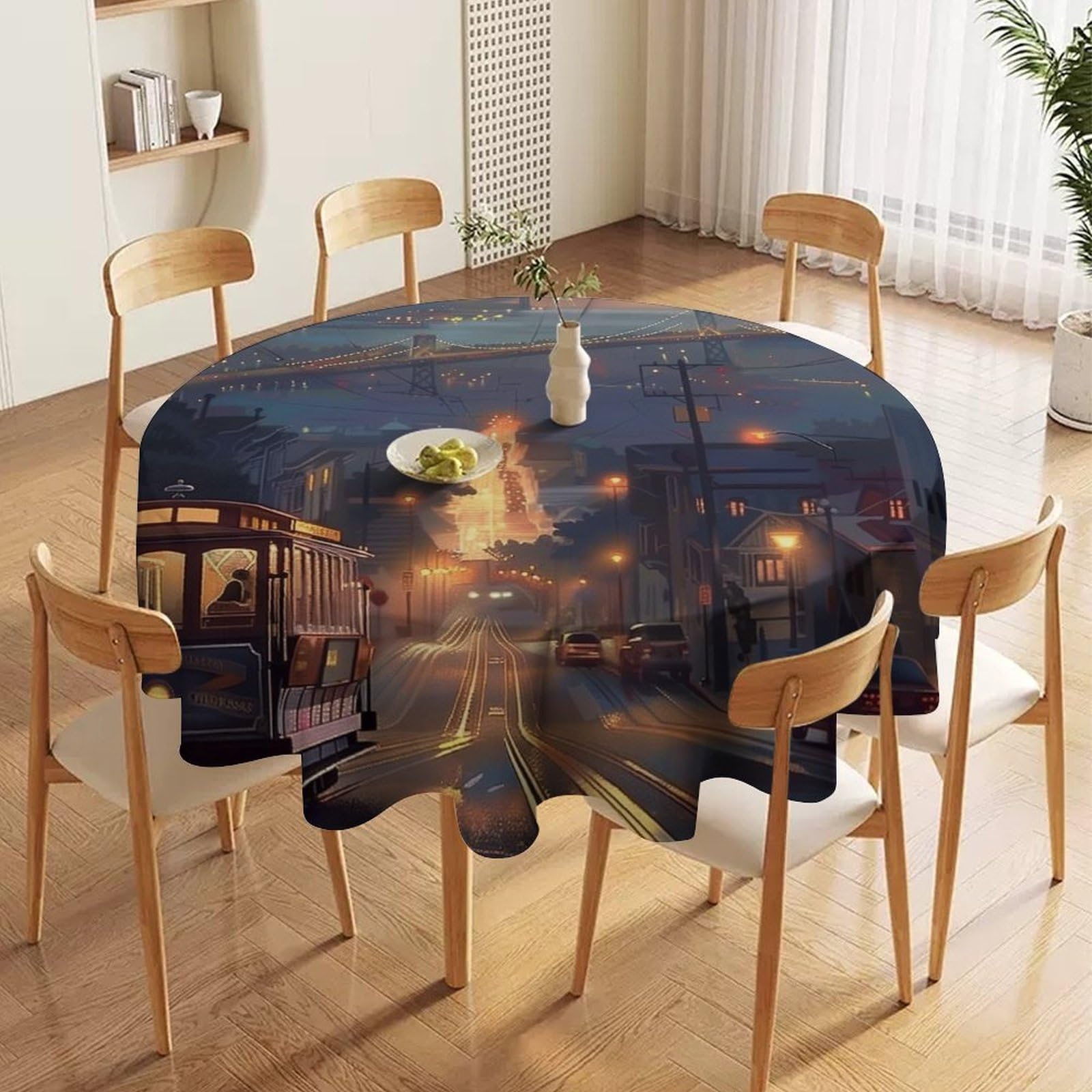 ORDOBO 3D Printed Tablecloth - Night City Fashion Table Protect Cover Waterproof Wipeable For Kitchen Dinner Garden Dining Home Decoration 177X177Cm