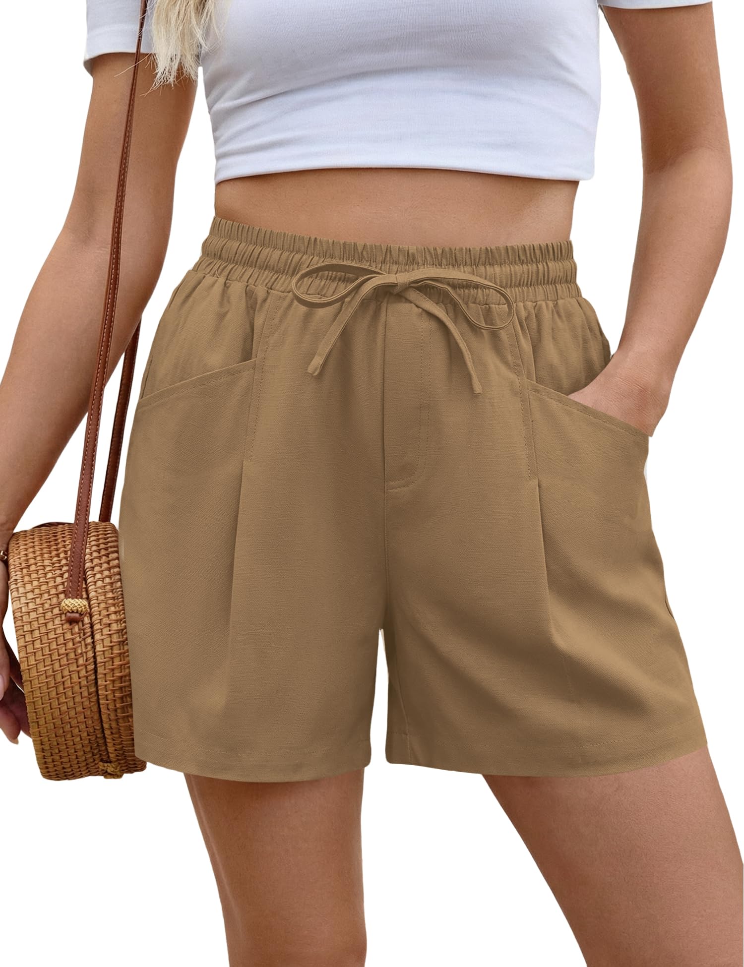 Rapbin Kurze Hose Damen Sommer Leinen Baumwolle Shorts mit Taschen | Gummizug High Waist Leicht Leinenhose Sommershorts Damenshorts