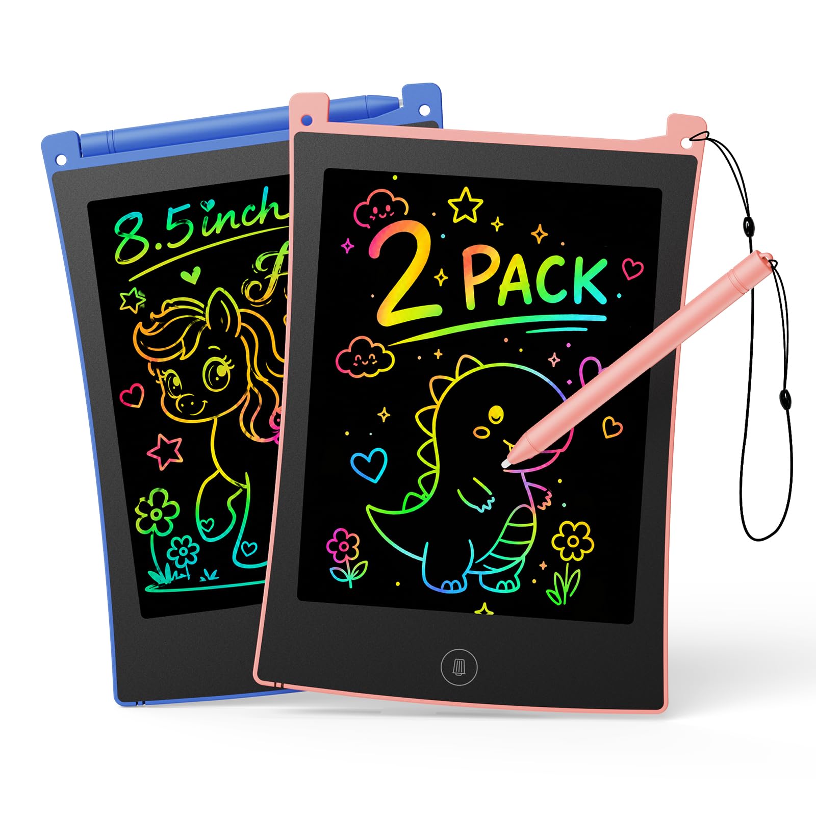 TEKFUN 2 Stück LCD Schreibtafel Kinder Zeichenbrett 8,5 Zoll Bildschirm Umweltfreundlich Bunten Maltafel Zaubertafel mit Lanyard, Lernspielzeug Geschenke für 3 4 5 6 7 Mädchen Jungen (Rosa+Blau)