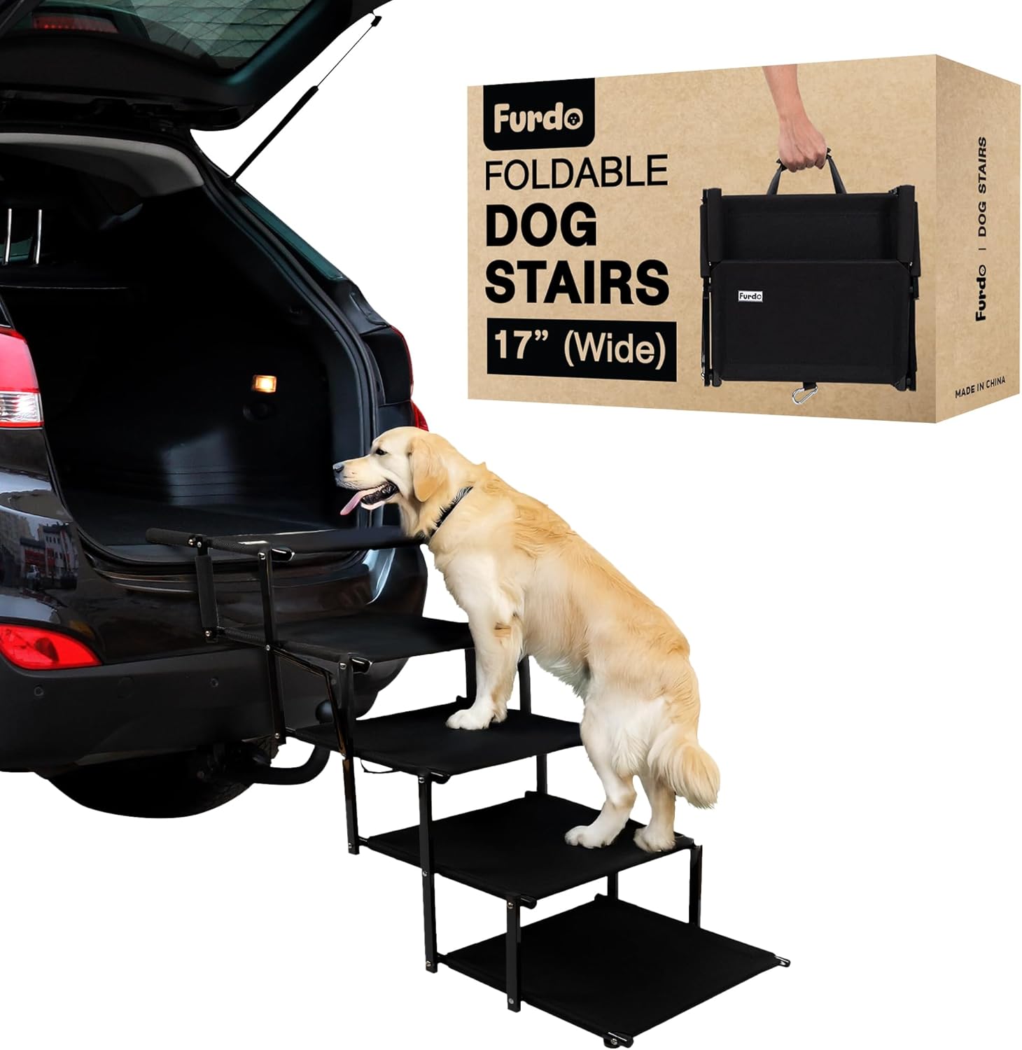 Dog Stairs for Large Dogs, for Medium Dogs, Foldable Dog Ramp for Car & SUV, Steps for Bed, Wide Non-Slip Pet Steps for Car Side Door, Truck & High Beds, Portable & Adjustable – 17″ Wide