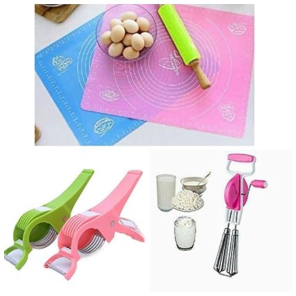 vyatirek {Combo of 3PCs} 1pcs Silicon Dough roti chapati Rolling Baking Sheet mat +1pcs Hand Blender for Kitchen Curd Maker and Egg Cream Beater + 1pcs Sharp Stainless Steel 5 Blade Vegetable Cutter
