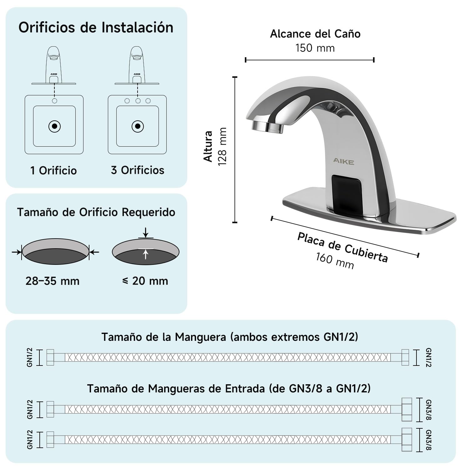 AIKE AK7500 Grifo Sin Contacto para Baño, Grifo Automático con Sensor de Un Solo Agujero con Placa de Cubierta para Baños Comerciales, Cromo
