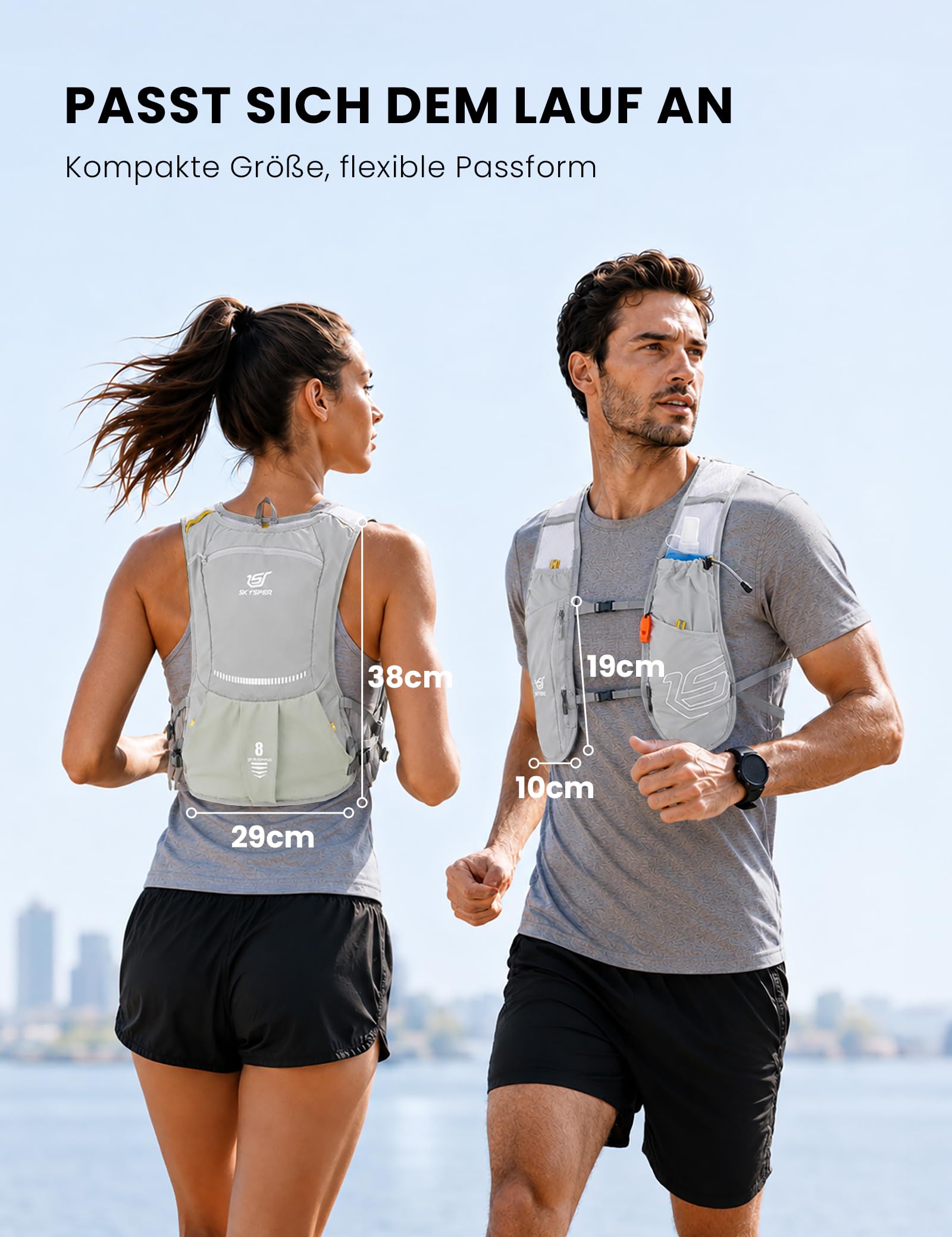 SKYSPER Laufweste Damen und Herren Laufrucksack 8L | mit Wasserdichter Handytasche und 500ml Trinkflasche, Leicht und Verstellbar für Jogging Trailrunning Marathon