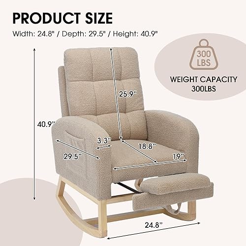 Miniatura 2 de NIOIIKIT Mecedora moderna para guardería, mecedora tapizada de peluche con reposapiés, cómoda silla mecedora con bolsillo lateral, silla mecedora