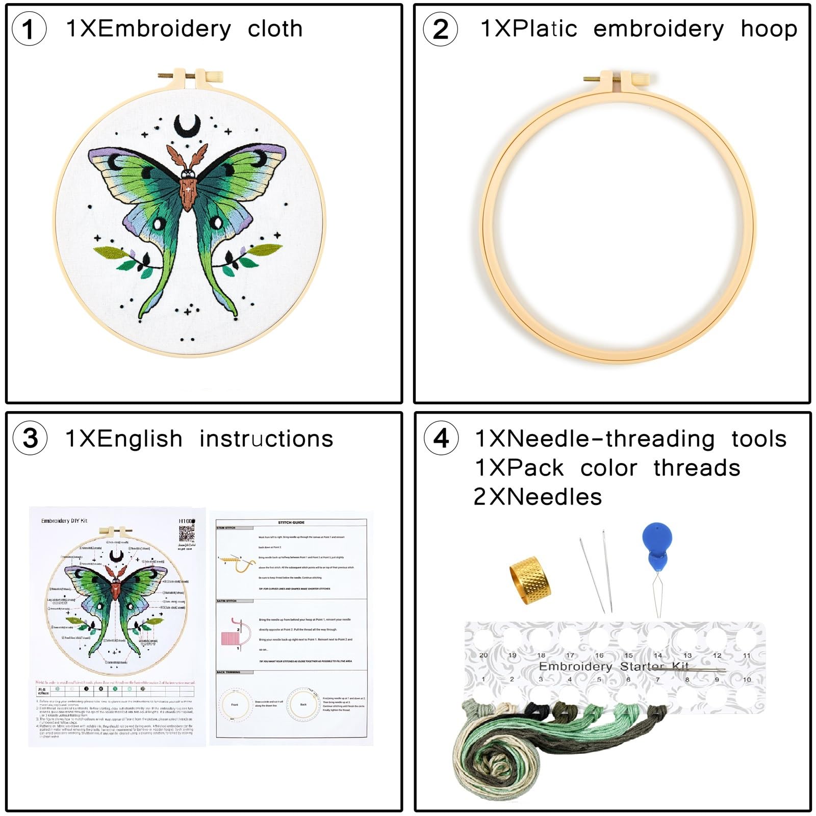 Crafmanoe Hand Embroidery Kit for Beginners Adults, Moth Embroidery Needlepoint Starter Kits, Stamped Counted Cross Stitch Kits for Beginners Adults, Embroidery Hoops, Fabric, Threads & Video Tutorial