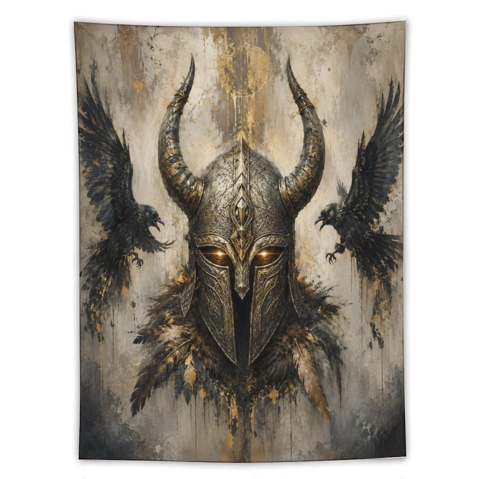 W7C8U2X3 Viking Helmet Black Ravens Wall Tapestry, Oil Painting