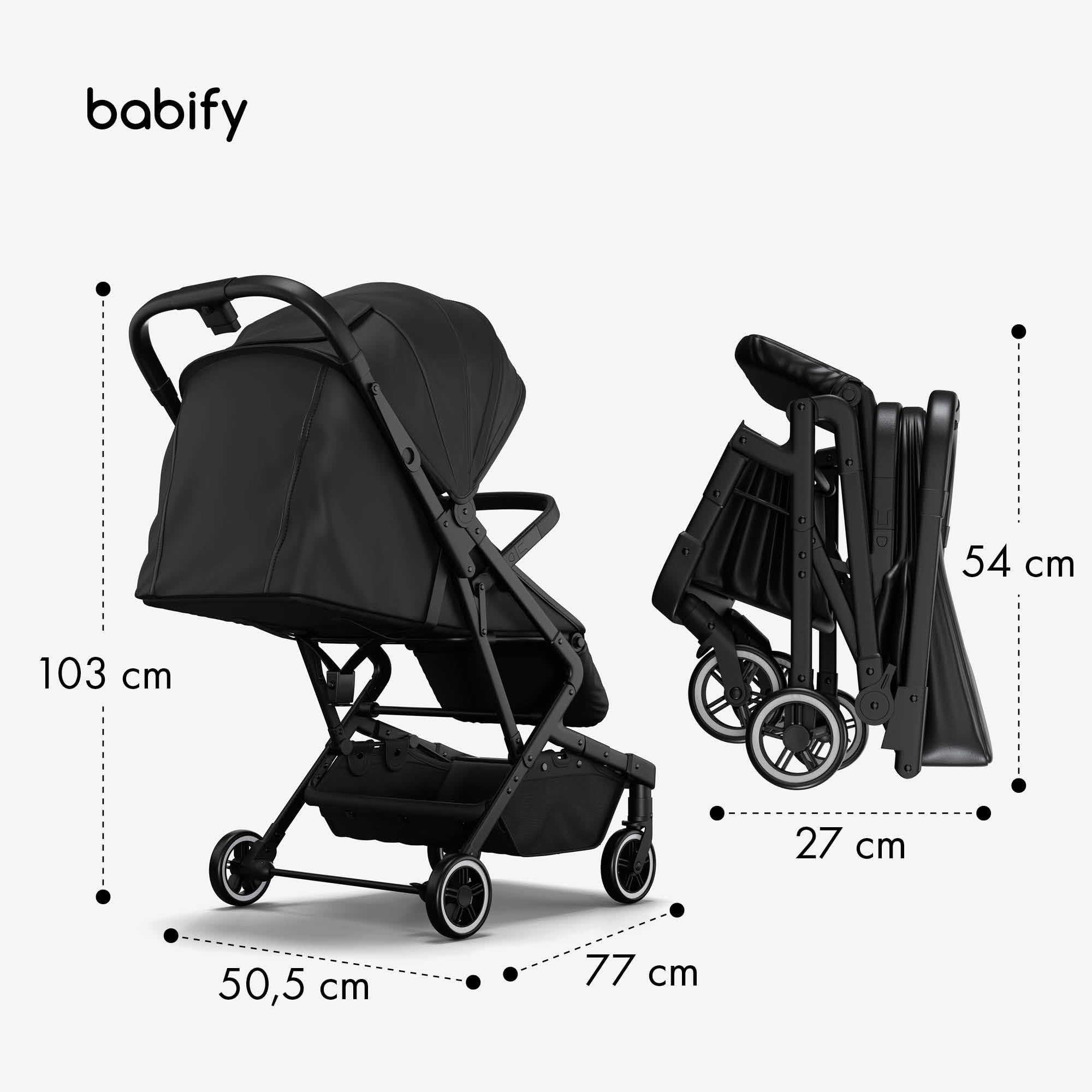 Babify Carrito Bebe Urban Ease - Desde Nacimiento a 4 Años (22 kg), Plegado con Una Mano, Reclinable, Reposapiés Ajustable, Revestimiento Extraíble, Cesta, Capota con Ventana, Silla Ligera, Negro