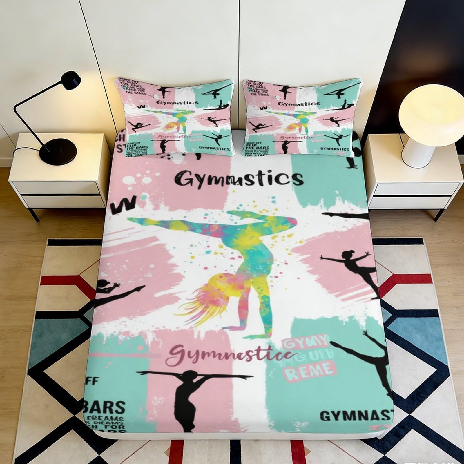 3D Printed Gymnastics Silhouette Fitted Sheet Microfiber Pastel Artistic Bed Cover for Bedroom Guest Room Decor 90x200x25cm
