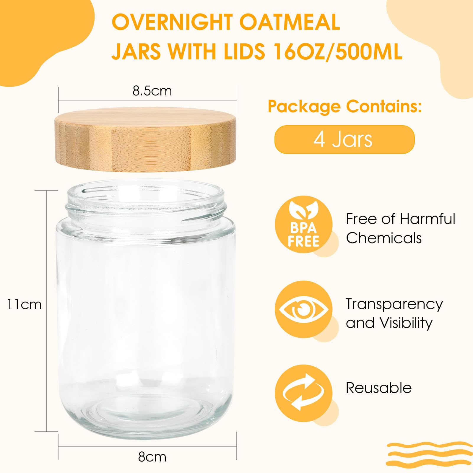 500ml Barattoli di Vetro con Coperchio in Legno,4 Pezzi Vasetto di Avena per la Notte,Contenitore Vetro per Yogurt,Overnight Oats Jar Vasetti per Yogurt,Vasetti per Marmellata,Insalate,Frutta