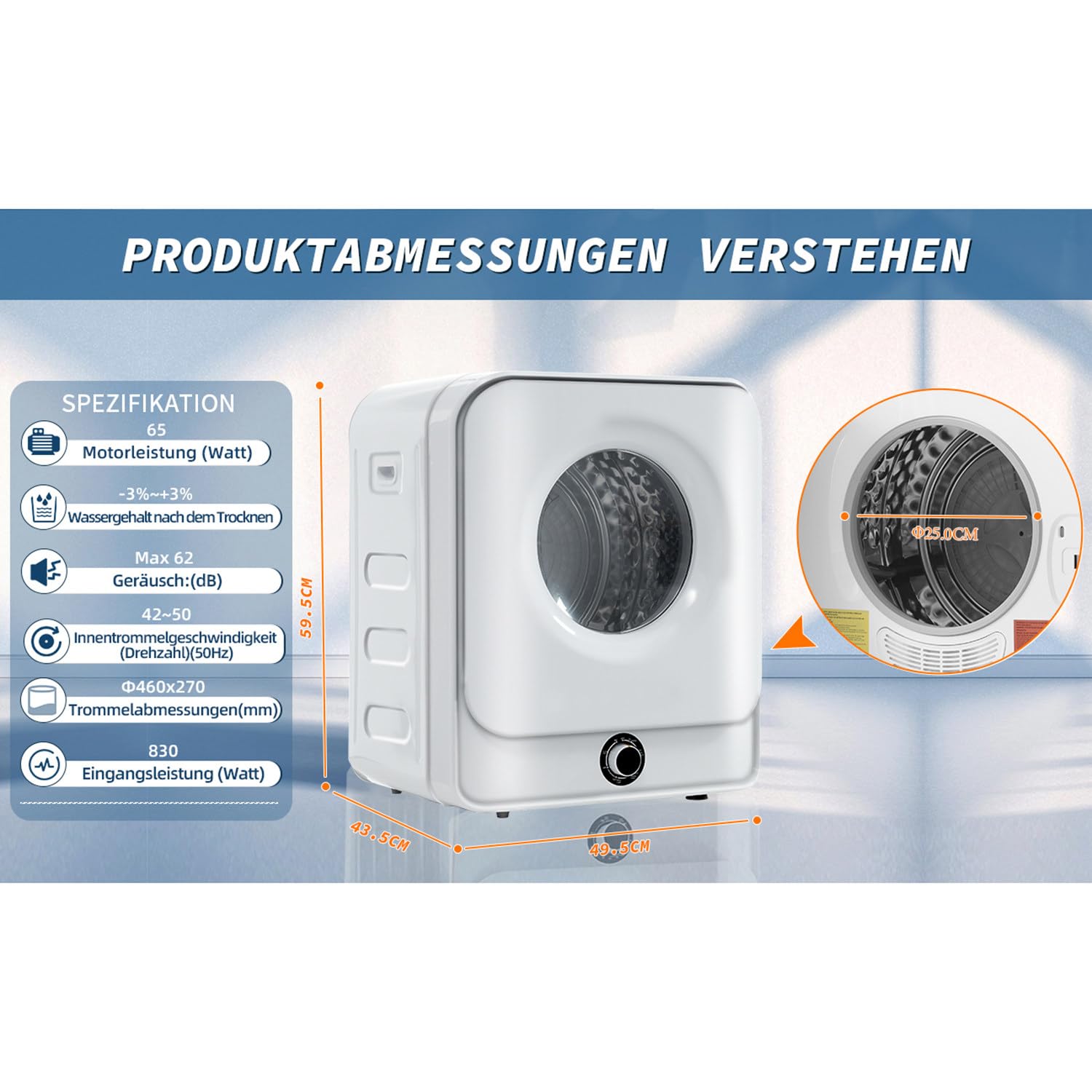 Suszarka Bębnowa Do Prania 4,5Kg Suszarka 830W Automatyczne Suszenie,Konstrukcja Antywibracyjna,Kontrola Komfortu, Delikatny System Suszenia,Wolnostojąca Lub Montowana Na ścianie