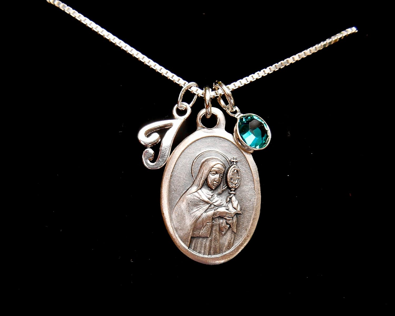 Saint Clare of Assisi Necklace - Personalized Initial, Birthstone, Patron Saint of Embroiderers, Confirmation Jewelry, 18" Sterling Silver Box Chain