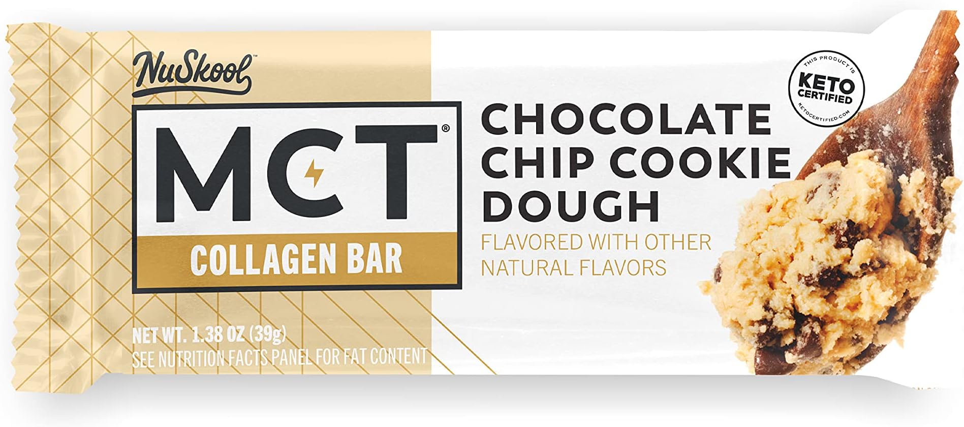 MCT Collagen Bar by NuSkool, Chocolate Chip Cookie Dough (12 Pack) - Delicious & Clean, Keto Friendly Protein Snacks - 3g Net Carbs - Gluten Free, Dairy Free, Soy Free & Non-GMO