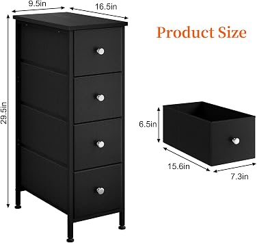 Fixwal Narrow Storage Cabinet, Slim Dresser with 4 Fabric Drawers, Black | 9.5in width, sturdy & stable structure, solid steel frame, wooden top, suitable for bedroom, bathroom & laundry room