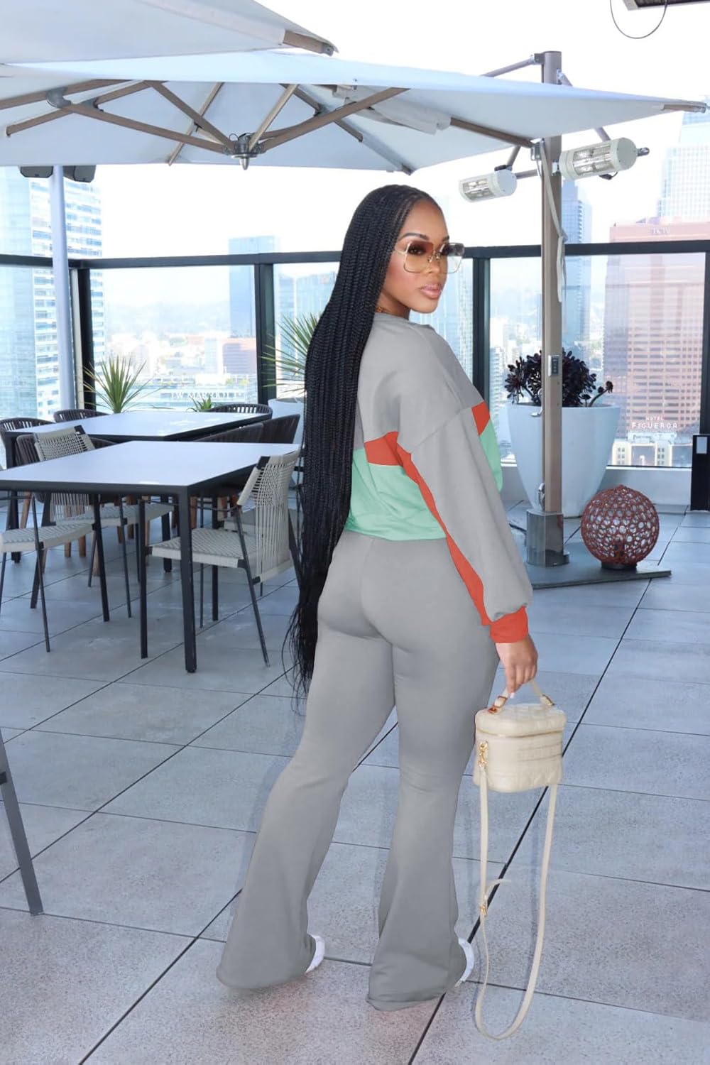 HBQ Women's Color Block 2 Piece Tracksuit Sets Long Sleeve Zip Up Crop Jacket and Flare Pants Casual Y2K Outfit - Image 4