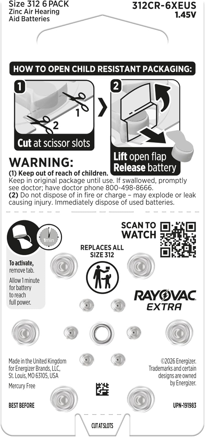 Rayovac Extra Size 312 Hearing Aid Batteries, Long-Lasting Power, Zinc-Air, Mercury Free, 1.45V, Improved Child-Resistant Packaging, Recyclable, 60 Count (10 Packs of 6)