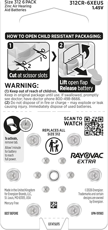 Rayovac Extra Size 312 Hearing Aid Batteries, Long-Lasting Power, Zinc-Air, Mercury Free, 1.45V, Improved Child-Resistant Packaging, Recyclable, 60 Count (10 Packs of 6)