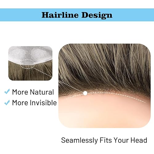 Miniatura 4 de Toueki Toupee - Cabello humano para hombre, 8 x 10 pulgadas, 0.002in, piel sintética fina, para hombre, color marrón oscuro, peluca de cabello con