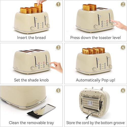 Miniatura 5 de Tostadora de 4 rebanadas, retro, de acero inoxidable, con 6 ajustes de tostado de pan, ranuras de 1.5'' de ancho, con funciones de cancelar,