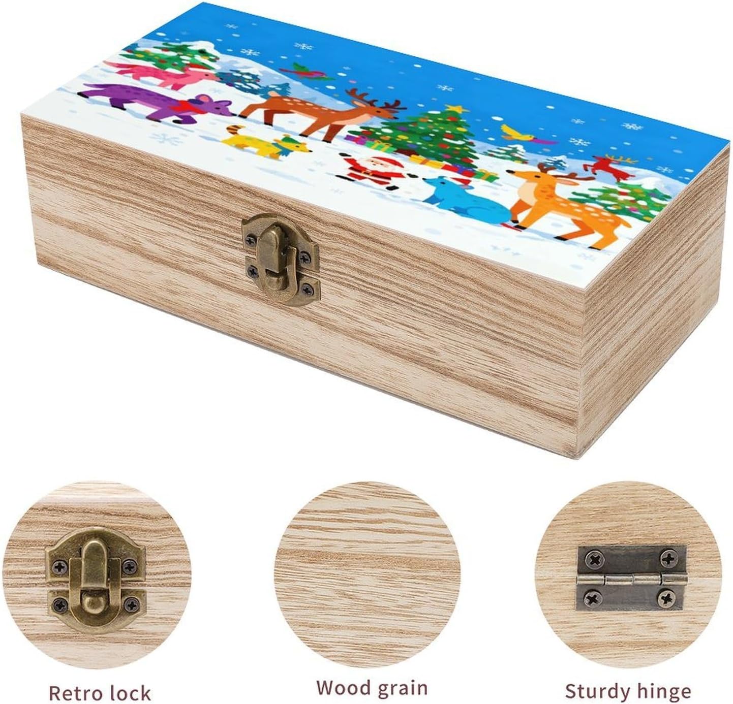 Colorful Animal Christmas Wooden Box with Hinged Lid Memory Keepsake Boxes Wood Jewelry Box with Lock Jewellery Organiser & Trinket Holder Decorative Storage Bin Unique Gift Ideas image 3