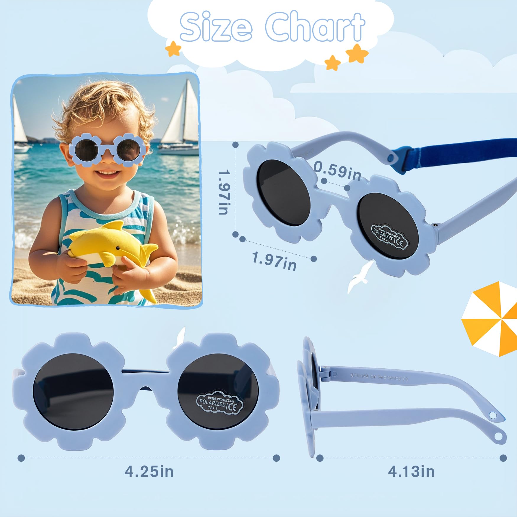 CULACCINO Baby Flower Sunglasses Flexible Bendable Polarized Sunglasses with Strap for Newborn Infant Age 0-24 Months Milky White and Black