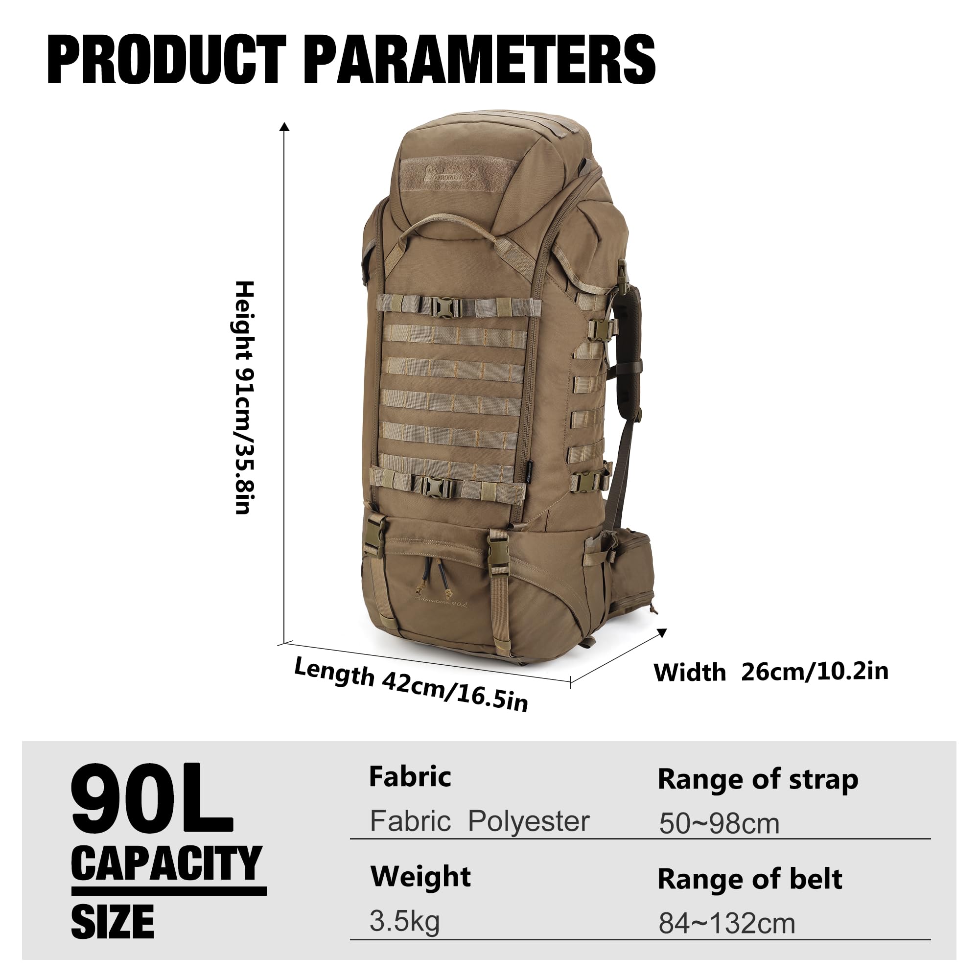 Mardingtop 90 l duży plecak męski plecak trekkingowy z systemem Molle, 90L khaki, L, Taktyczne