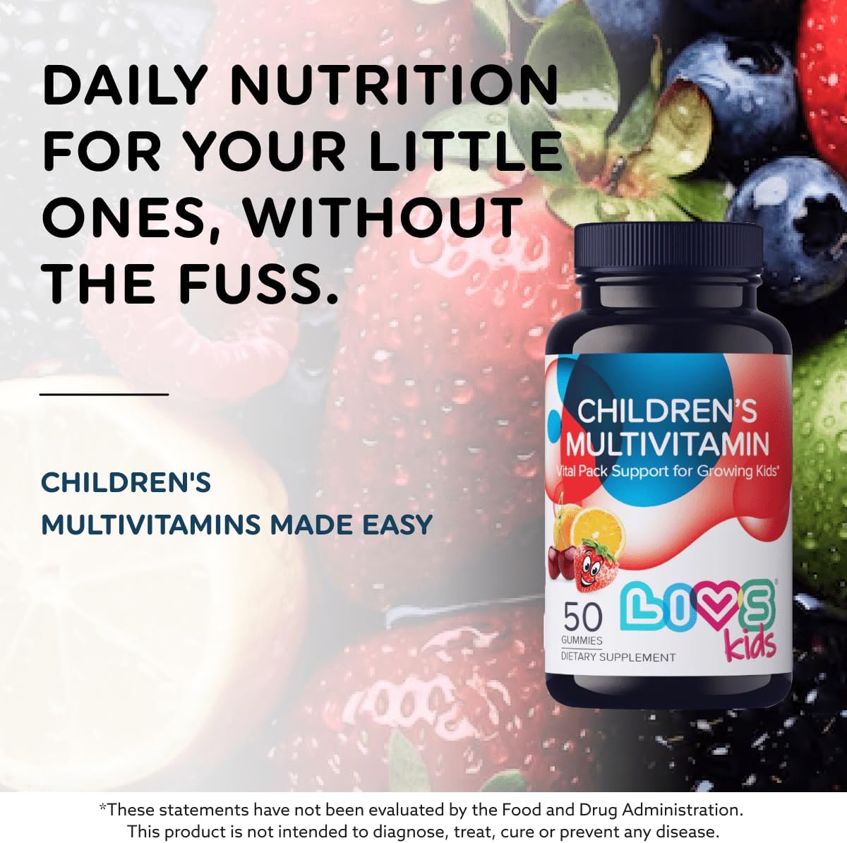 LIVS Children's Multivitamin Gummy - Kids Multivitamin Gummies with Vitamin D2, Omega 3, Zinc, Vitamin C, B12 & More | Gluten-Free, Non-GMO Supplements for Kids – Strawberry, Cherry & Org Taste, 100ct