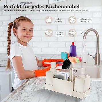 HOSPAOP Sink Organiser Kitchen Organiser Sink Set Made of Plastic with Detergent Dispenser Brush and Washing Sponge Sink Organiser with Soap Dispenser Sponge Brush Beige
