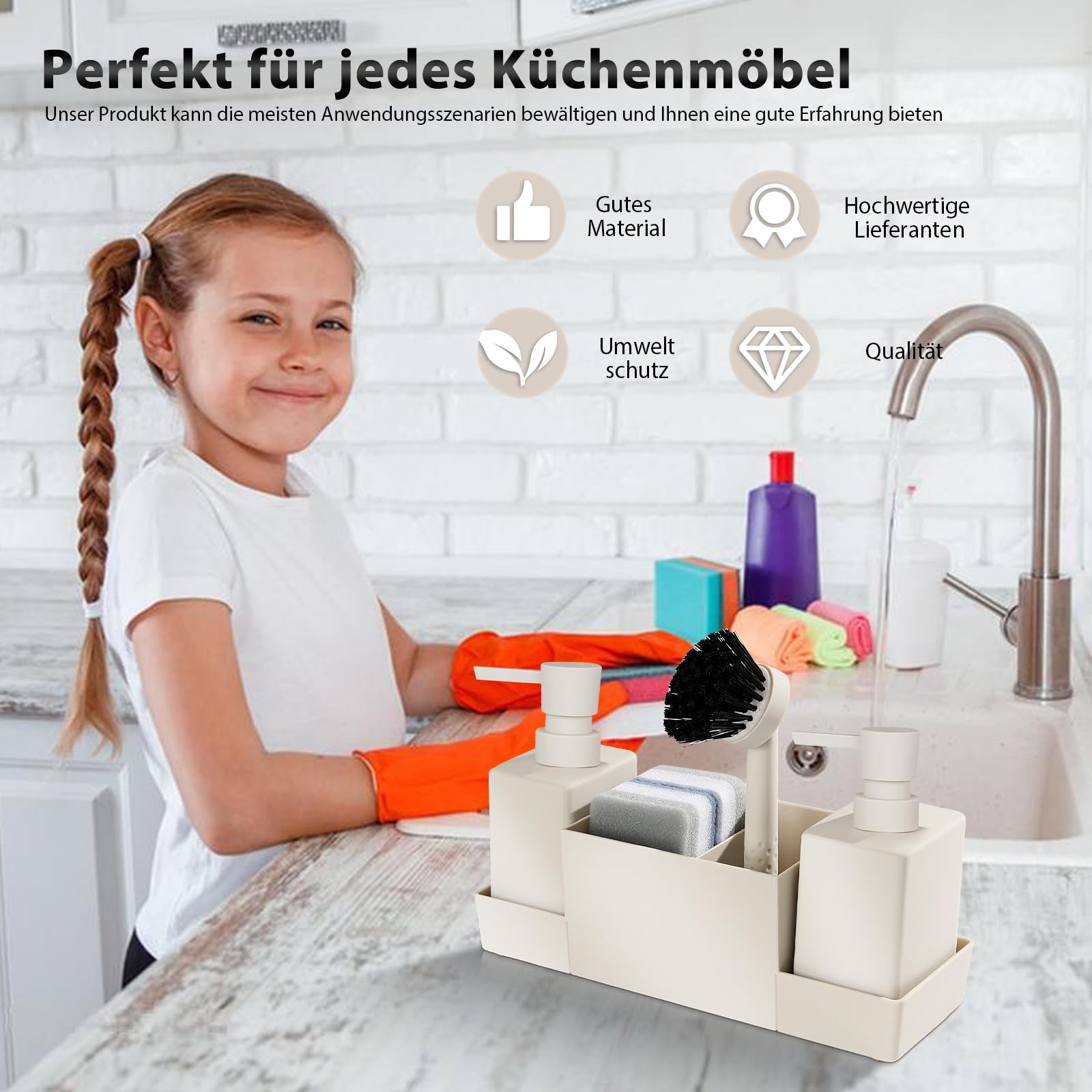 HOSPAOP Organisateur d'évier de cuisine en plastique avec distributeur de liquide vaisselle, brosse et éponge à vaisselle, distributeur de savon, brosse éponge, Beige