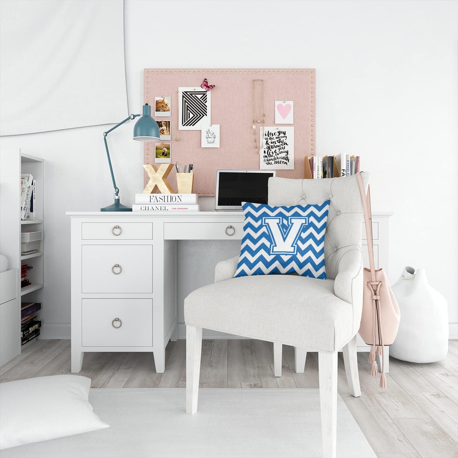 Caroline's Treasures CJ1045-VPW1414 Letter V Chevron Blue and White Fabric Decorative Pillow Machine Washable, Indoor Outdoor Decorative Pillow for Couch, Bed or Patio, 14Hx14W