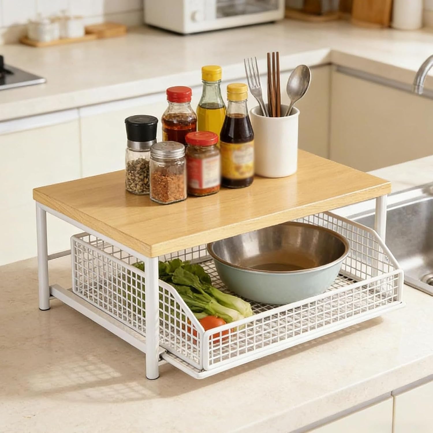 Kitchen Countertop Organizer, Kitchen Countertop Organizer with Drawer & Wire Basket, Sturdy Hardwood Shelf, Space-Saving, for Storage in Family Tables, Kitchens, Bedroom Home Organization (black)
