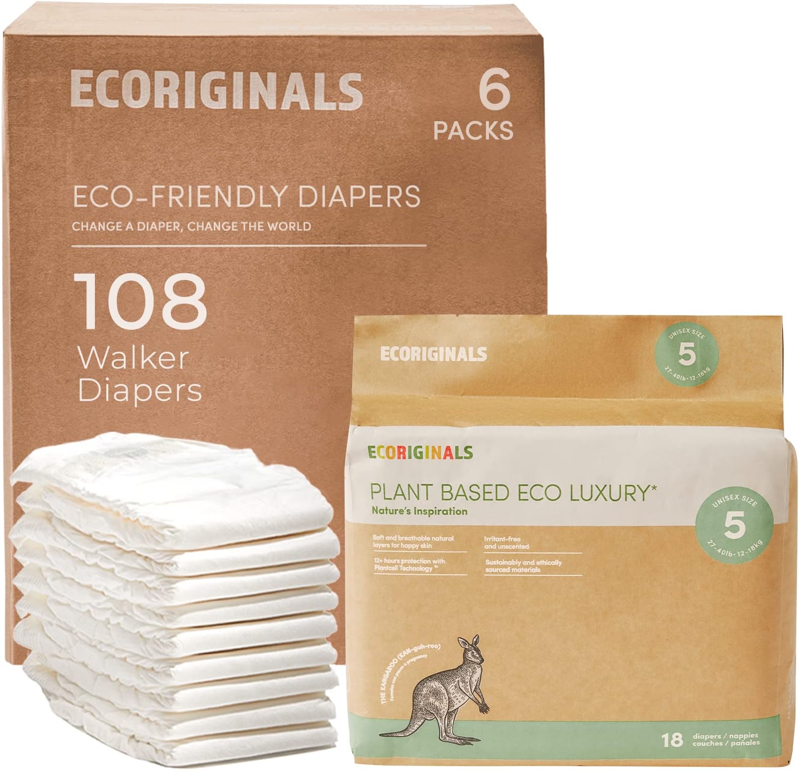 Ecoriginals Eco Disposable Diapers | Walker Size 5, 28-40lbs | 6 Pack, 108 Count | Plant-Based, Non-Toxic