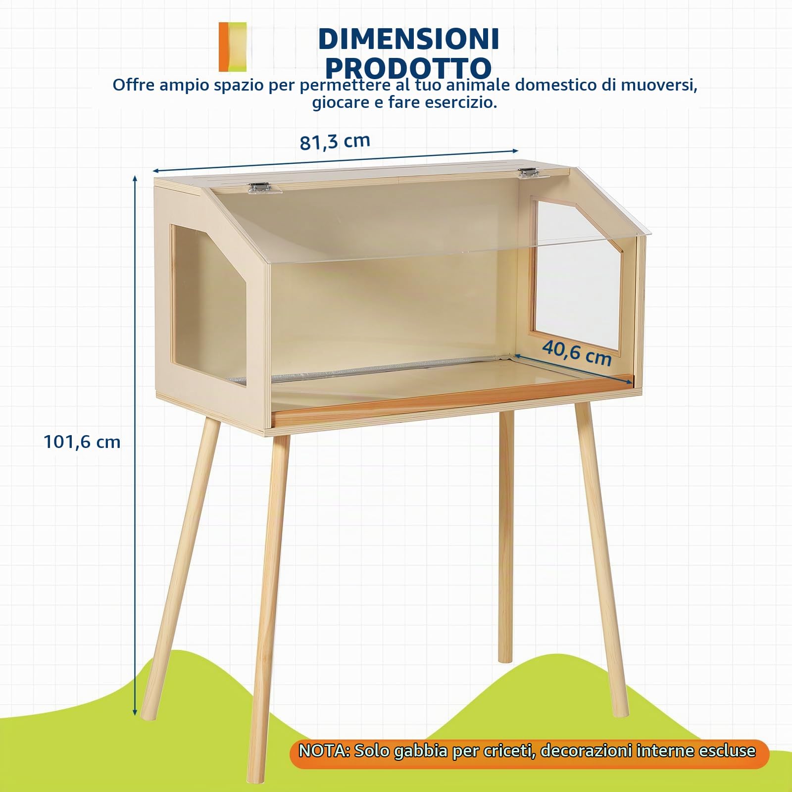 Ampio habitat in legno per piccoli animali - Gabbia per criceti con gambe, finestra in acrilico, tetto apribile, facile montaggio, ideale per criceti, gerbilli, ratti, porcellini d'India e