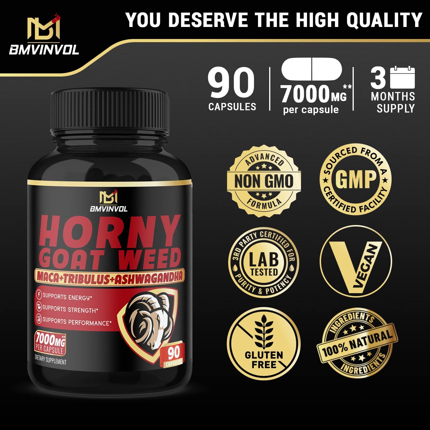 BMVINVOL Horny Goat Weed Capsules - 7000mg Herbal Equivalent - Maca, Ginseng, Tribulus Terrestris, Ashwagandha - Performance and Energy Support - 3 Months Supply : Health & Household