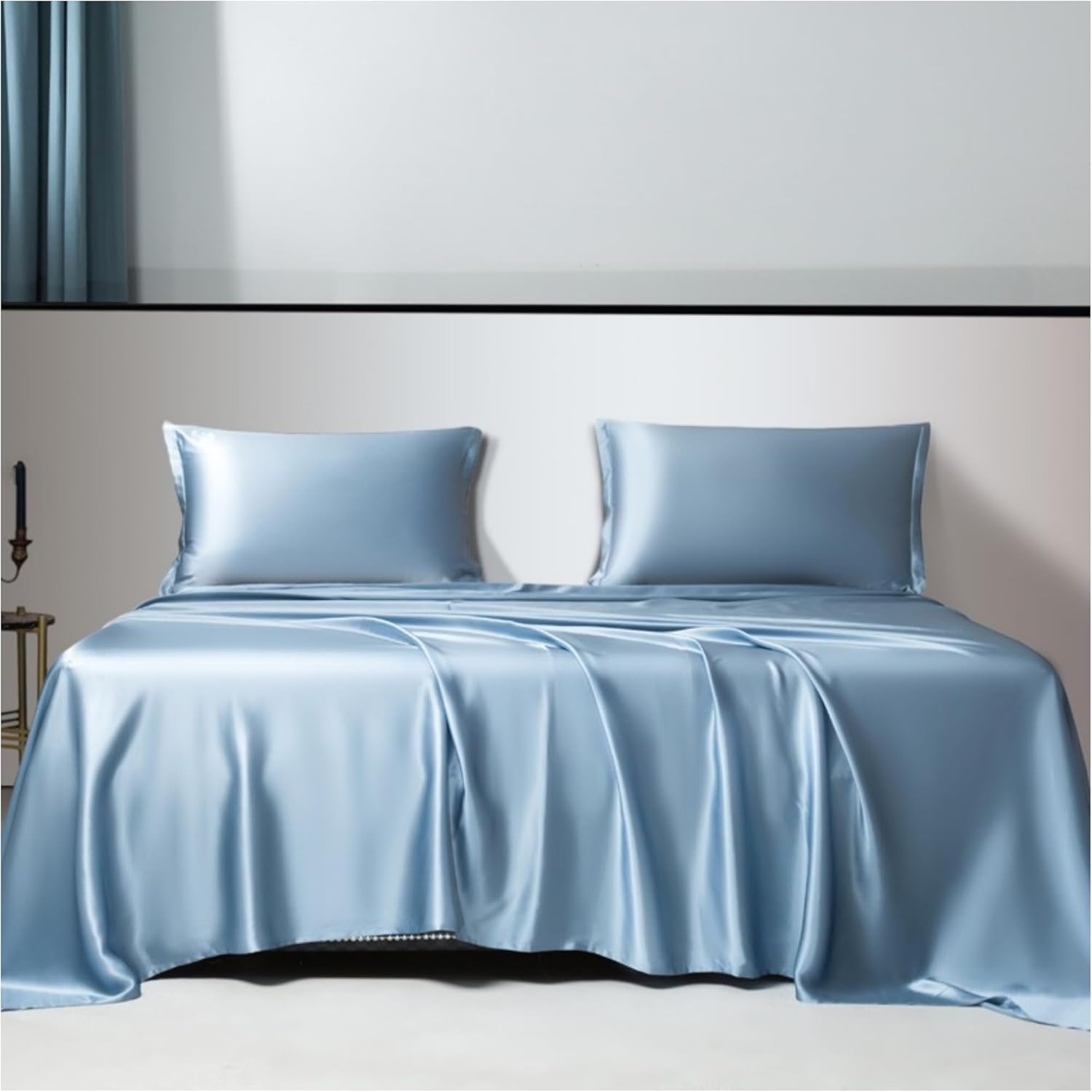 I Pcs 22 Momme Flat Silk Sheet, 100% Mulberry Silk Bed Sheets, Real Silk Flat Sheet, Grade 6A Organic Silk Bedding Made in USA, Hypoallergenic, Ultra Soft and Breathable (Blue Grey, Queen)