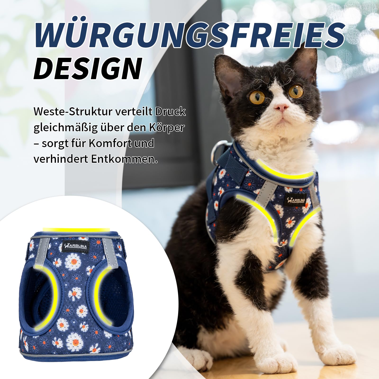 Arblina Katzengeschirr, Weich & Atmungsaktives Katzengeschirr-Set mit Reflex, Leichtes Katzengeschirr Ausbruchsicher mit 1,5m KatzenLeine, Blau S