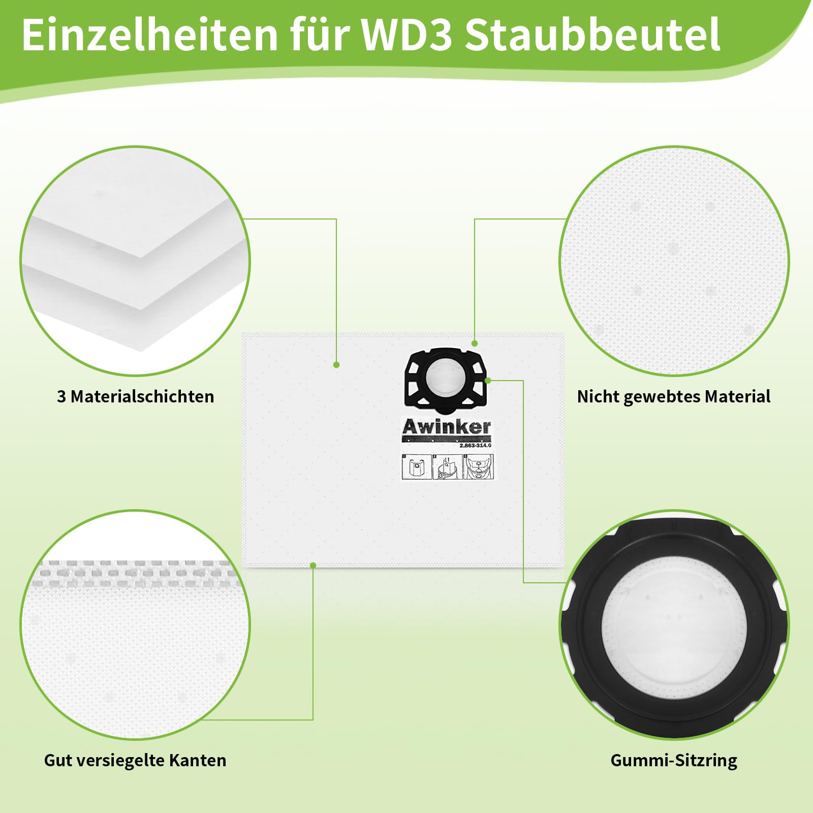 12 Sacs Aspirateur KFI 357 Pour Kärcher WD2Plus/WD3/KWD - Compatible 2.863-314.0