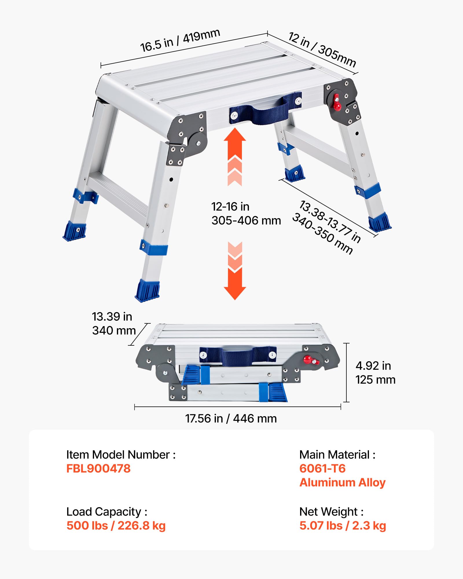 VEVOR Plataforma Plegable de Trabajo, Altura Ajustable de 305 ​​a 406 mm, Capacidad de 226,8 kg, Escalera-Taburete de Aluminio Portátil, Plegable, Antideslizante para Pintura, Mantenimiento y Hogar