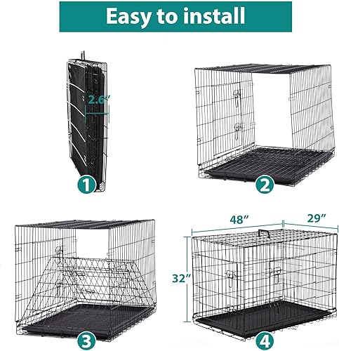 Miniatura 4 de Jaulas extra grandes de 48 pulgadas para perros con doble puerta, panel divisor, asa, bandeja extraíble de plástico a prueba de fugas, plegable XXL