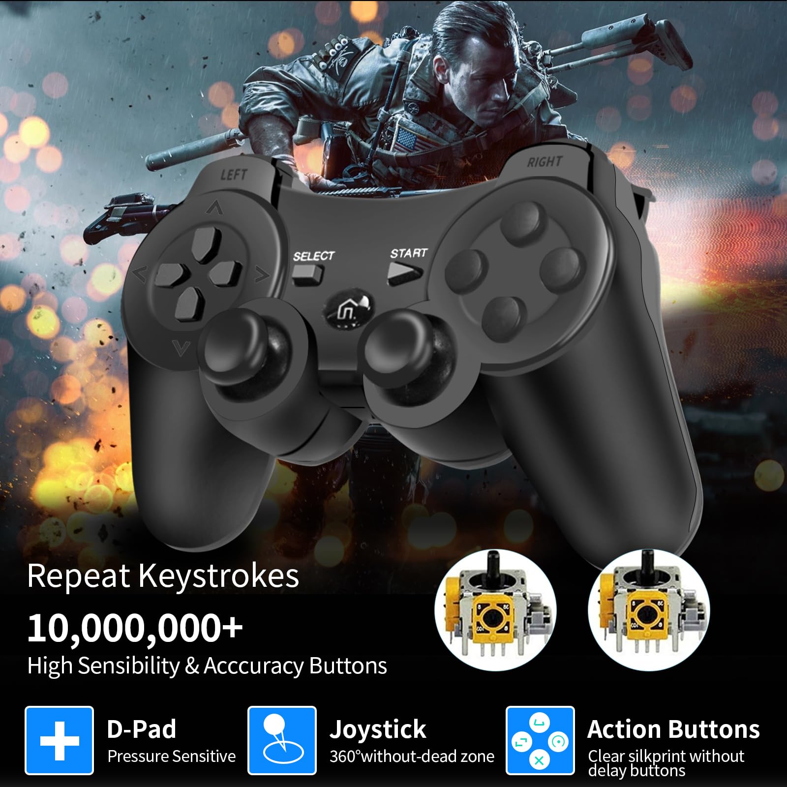 gamtooy Mando Play3, Replacement for PS3 Controller, Mando inalámbrico compatible con la consola Play 3 con doble vibración y sensor de movimiento — view 5