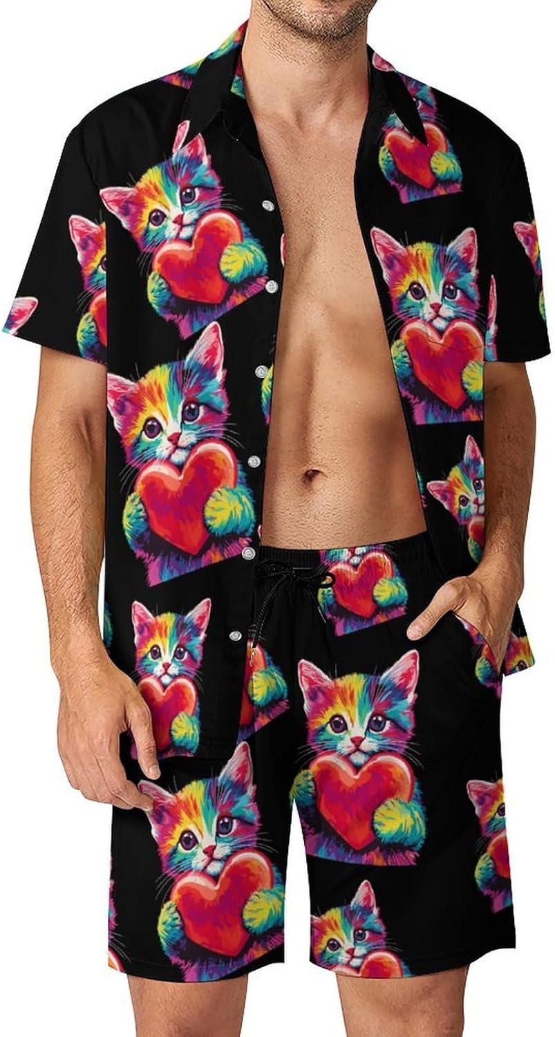 Tie Dye Cat Heart Valentine Summer Mens Vacation Outfits Beach Shirts Shorts Matching Set